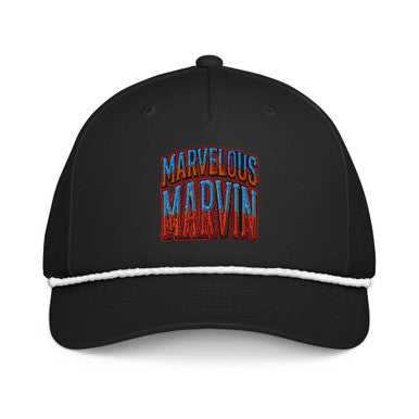 Marvelous Marvin - Rope Cap, black fabric cap with white rope trim and colorful embroidered lettering on the front.