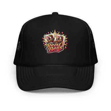 Real Boss - Foam Trucker Hat in black with a structured foam front, mesh sides, curved brim, and colorful graphic logo.