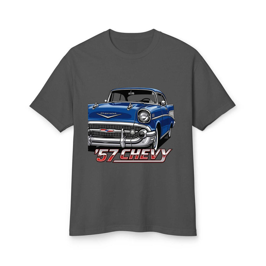 57 Chevrolet - Garment-Dyed Heavyweight Tee in charcoal gray cotton with a bold blue classic car graphic and red lettering