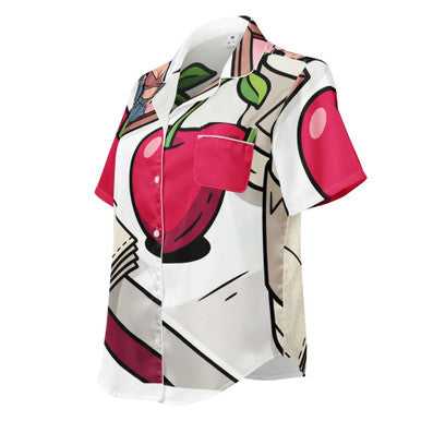 Women's Short Sleeve Satin Pajama Top – Cherry Cup Print