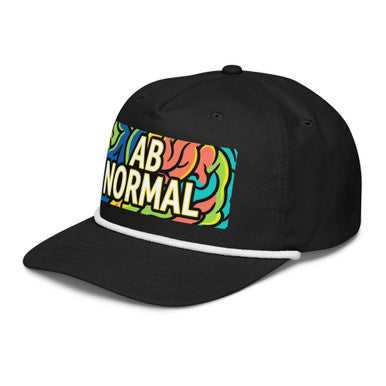 Golf rope cap A.B. Normal in black fabric with a colorful graphic patch and white rope trim along the brim