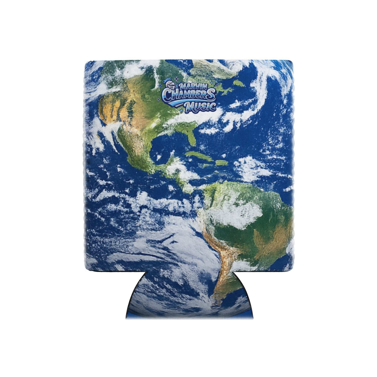 Blue Earth - Can Cooler featuring a blue and green Earth print with white clouds and a music logo