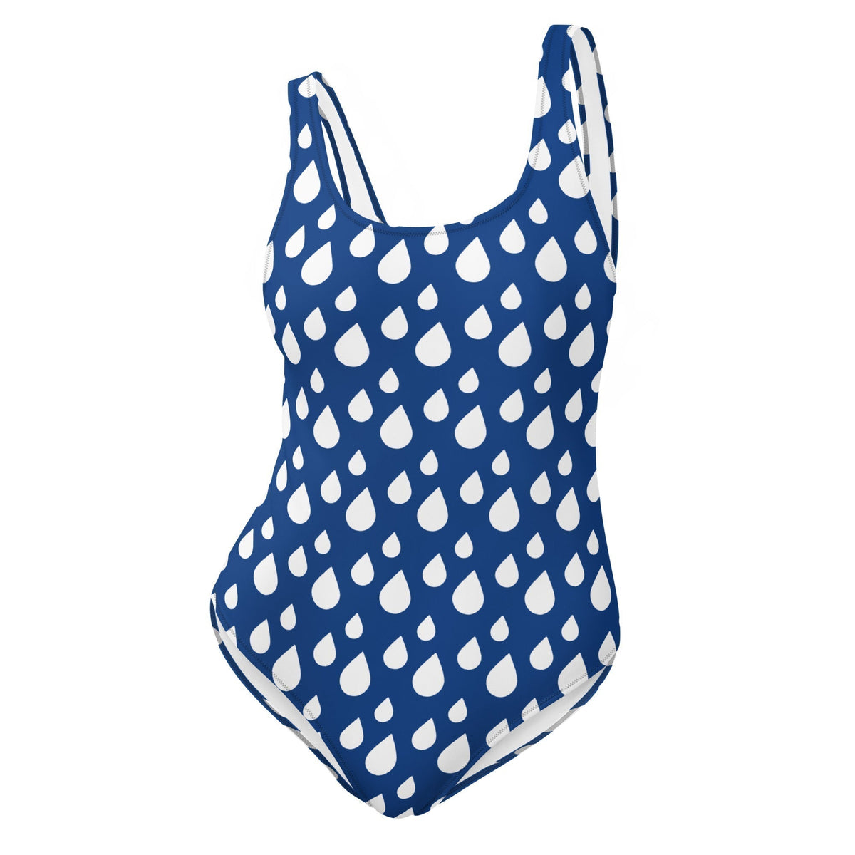 Blue Water Drops one piece ladies swimsuit in navy blue stretch fabric with a white raindrop print and scoop neckline