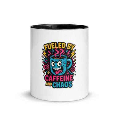 Caffeine and Chaos ceramic coffee mug with white exterior, black interior, and colorful cartoon coffee graphic
