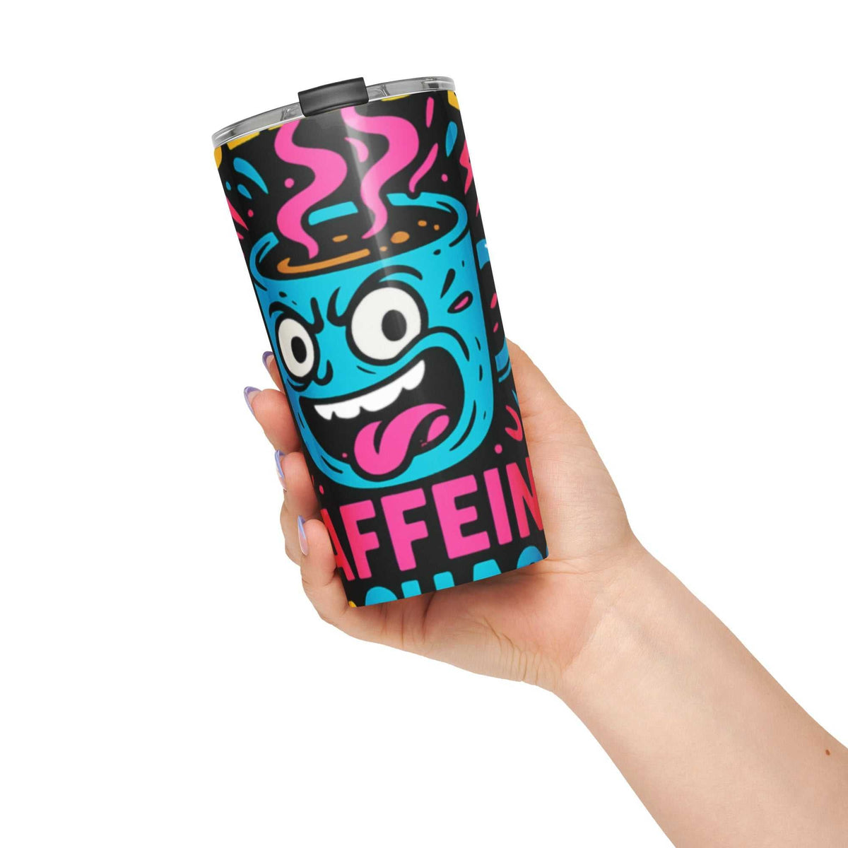 Caffeine - Stainless Steel Tumbler with a bright turquoise cartoon face, pink lettering, and colorful steam graphics on black