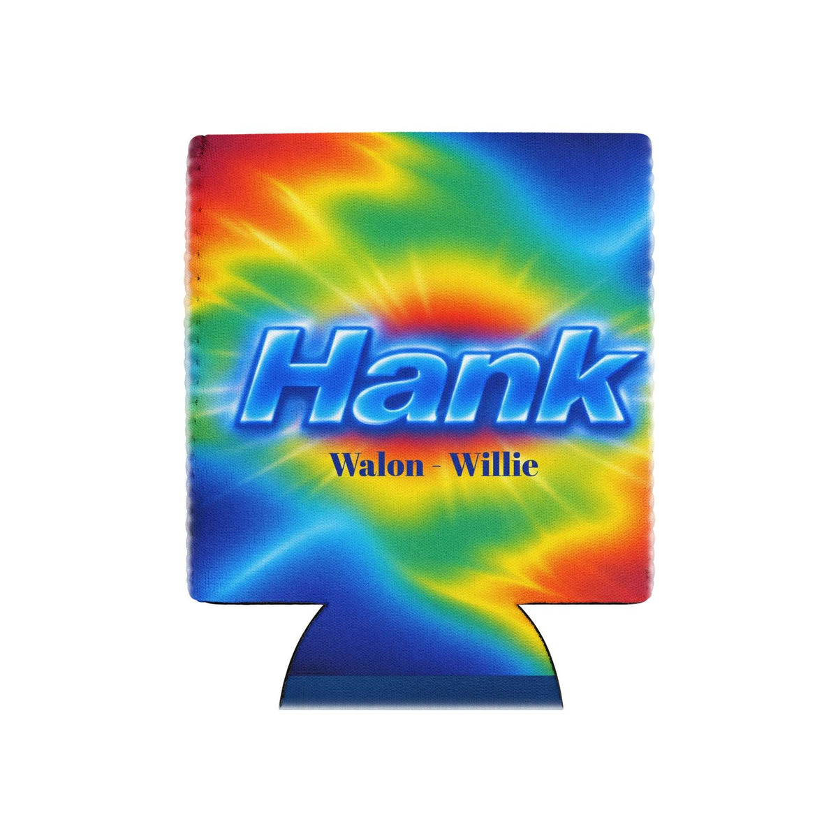 Hank - Can Cooler in a bright rainbow tie-dye pattern, with a blue Hank logo and black can-holding base.
