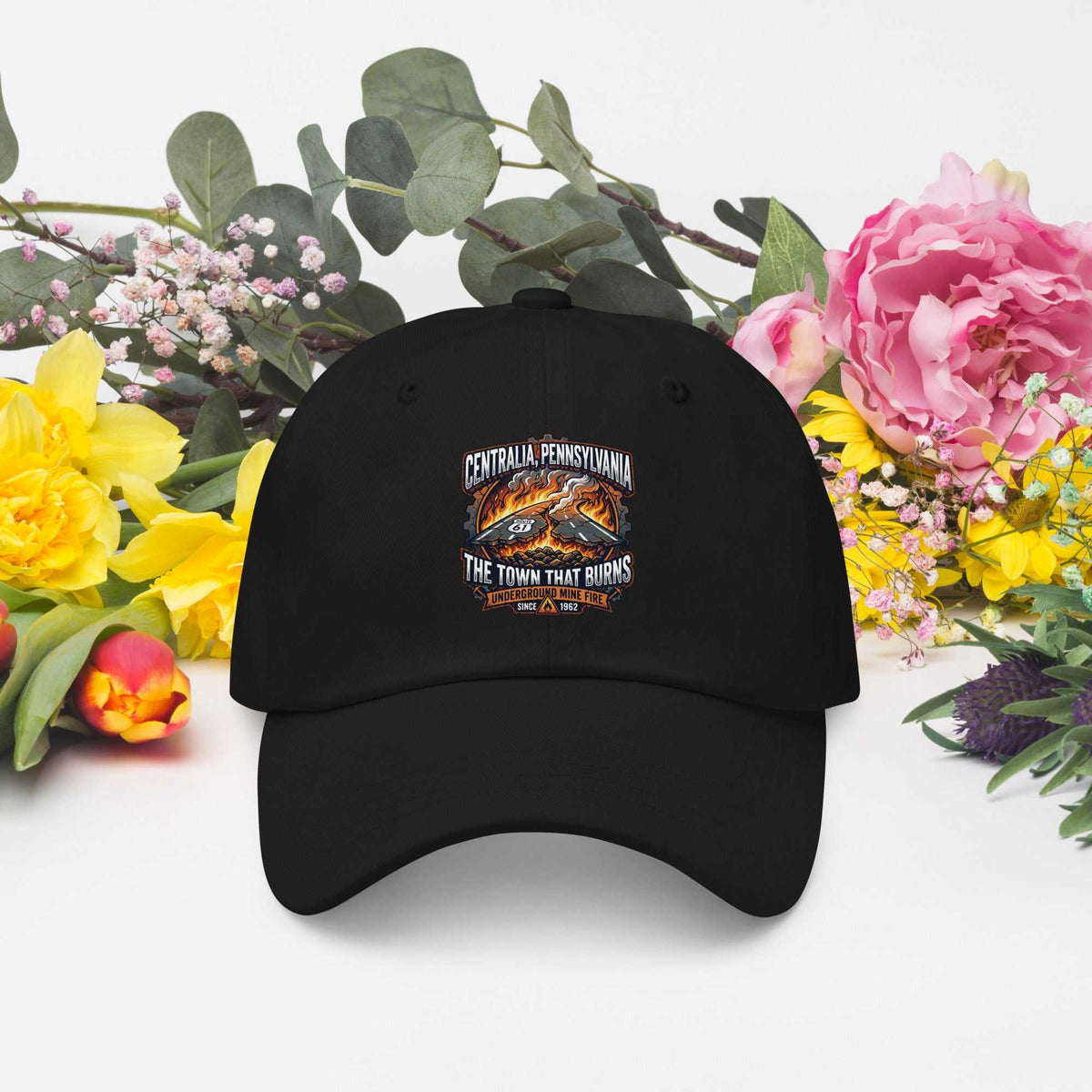 Centralia - Dad Hat with a black cotton cap, curved brim, and embroidered Centralia Pennsylvania town graphic.
