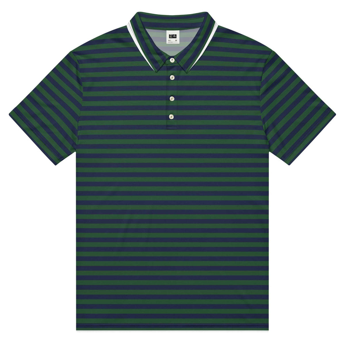 Color Block Stripe polo shirt in navy and green horizontal stripes, with short sleeves, a pointed collar and button placket
