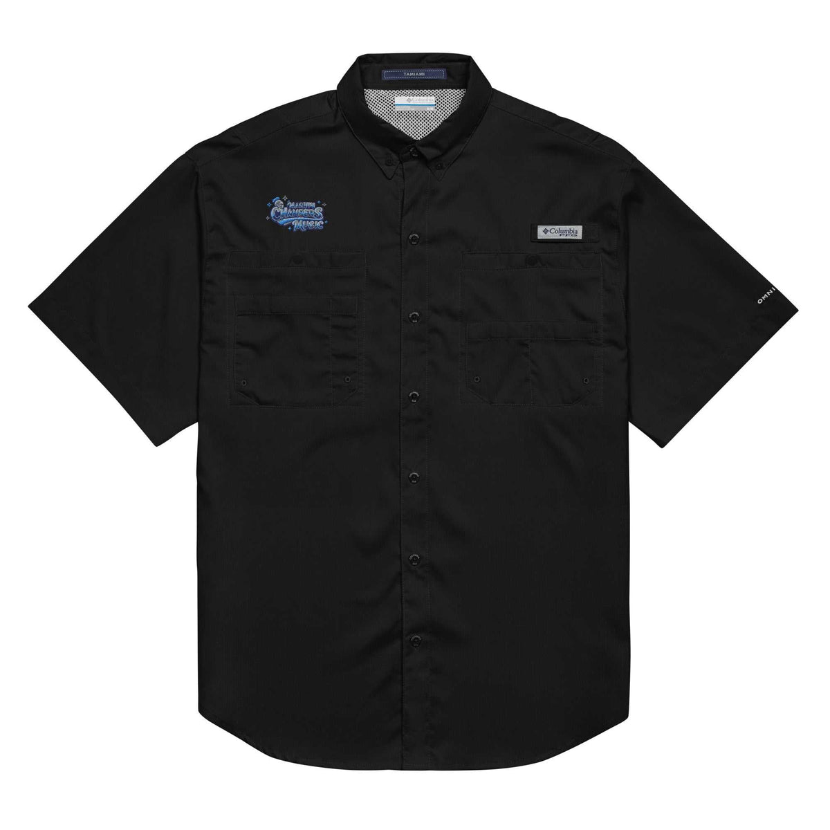 Columbia PFG Short Sleeve Shirt in black, featuring a button front, two chest pockets, and embroidered logos