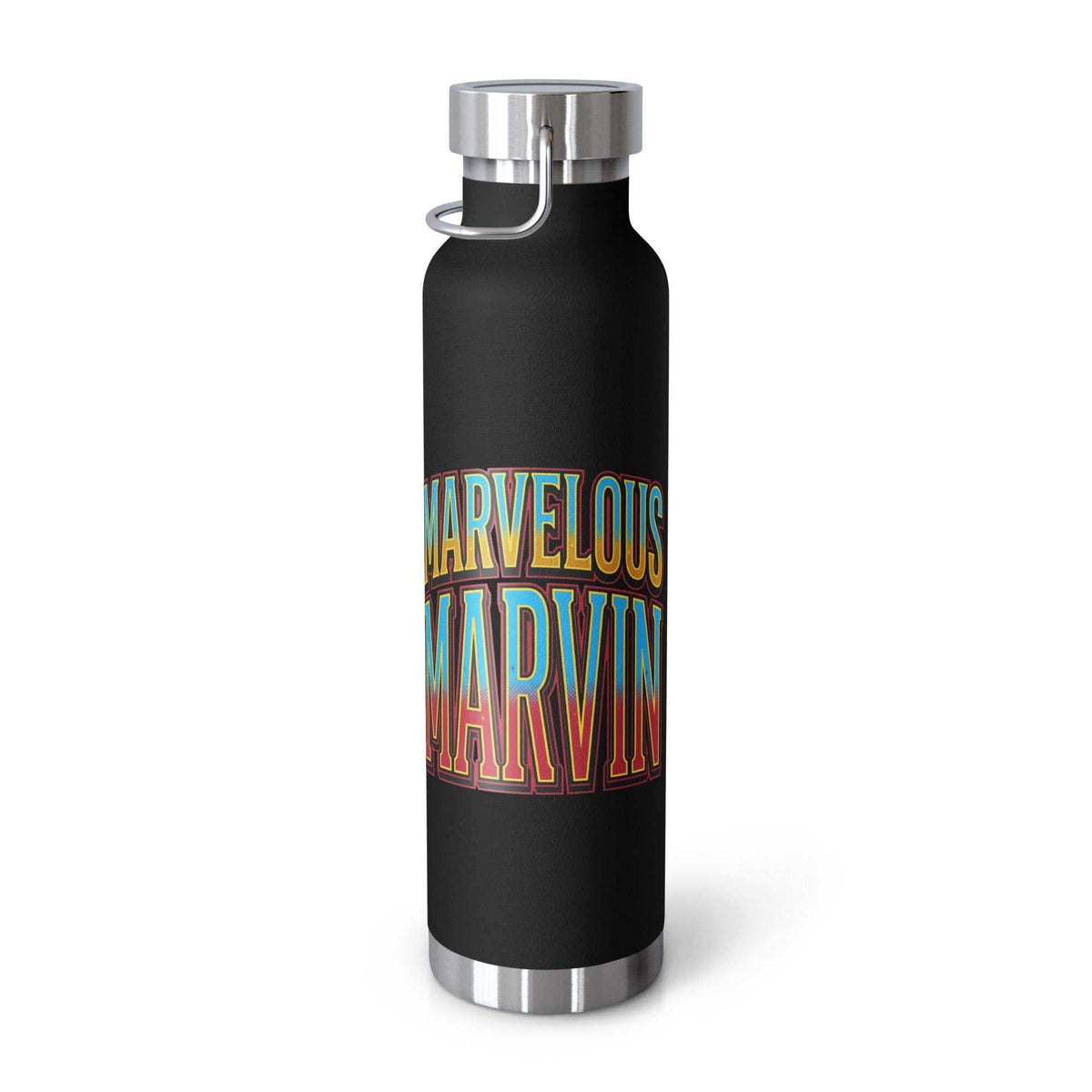 Insulated bottle with a matte black finish, silver metal lid and base, and colorful Marvelous Marvin lettering.