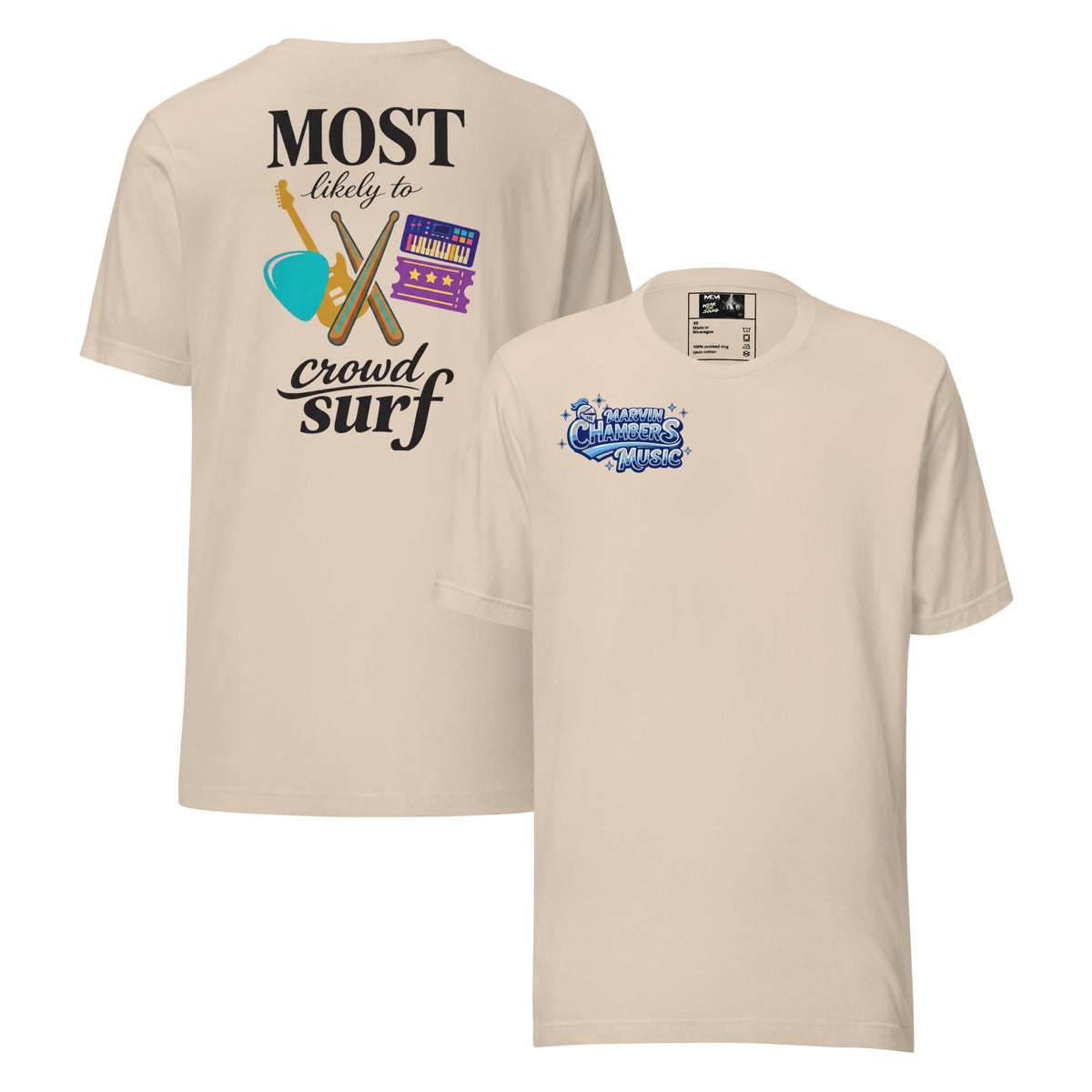 Crowd Surf - Men's Crew Neck Tee, beige cotton short-sleeve shirt with a small chest graphic and colorful back print