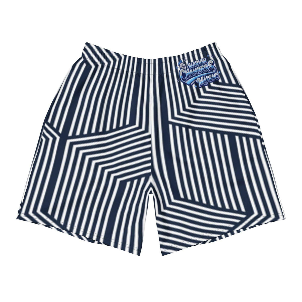 Designers - Unisex Athletic long shorts with bold navy and white geometric stripes and an elastic waistband