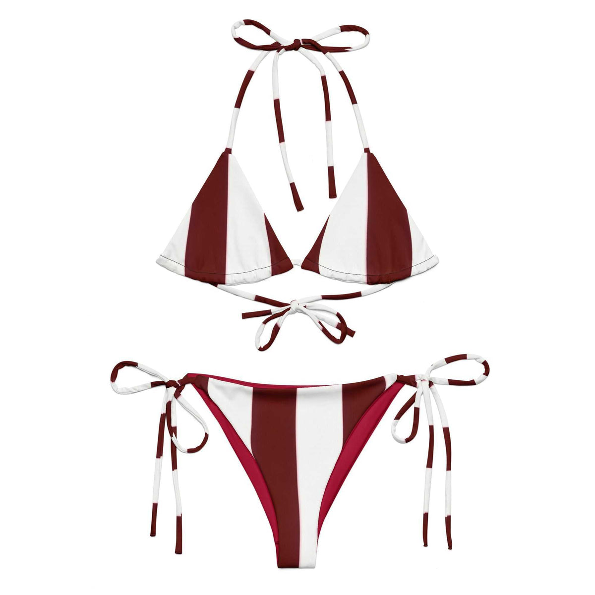 Dotted - Recycled String Bikini two-piece with burgundy and white striped fabric, triangle top, and adjustable ties