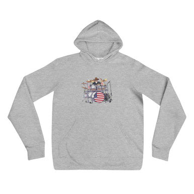 Drum Kit - Unisex Hoodie in heather gray fleece with long sleeves, kangaroo pocket and colorful drum kit graphic