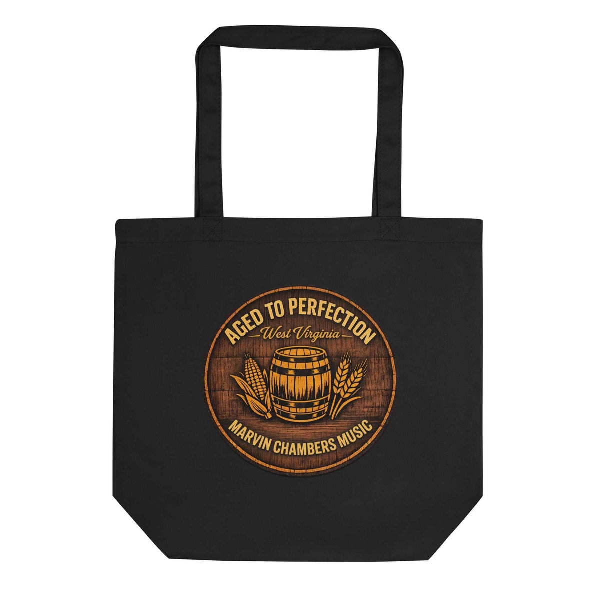 Eco Tote Bag in black fabric with long dual handles and a circular orange and brown Marvin Chambers Music emblem