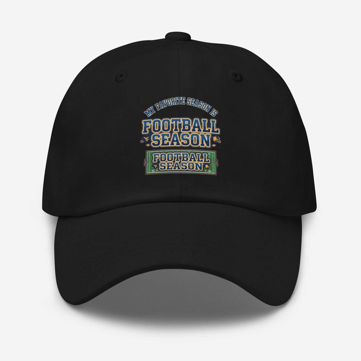 Football Season - Dad Hat in black cotton twill with colorful embroidered football season lettering and a curved brim
