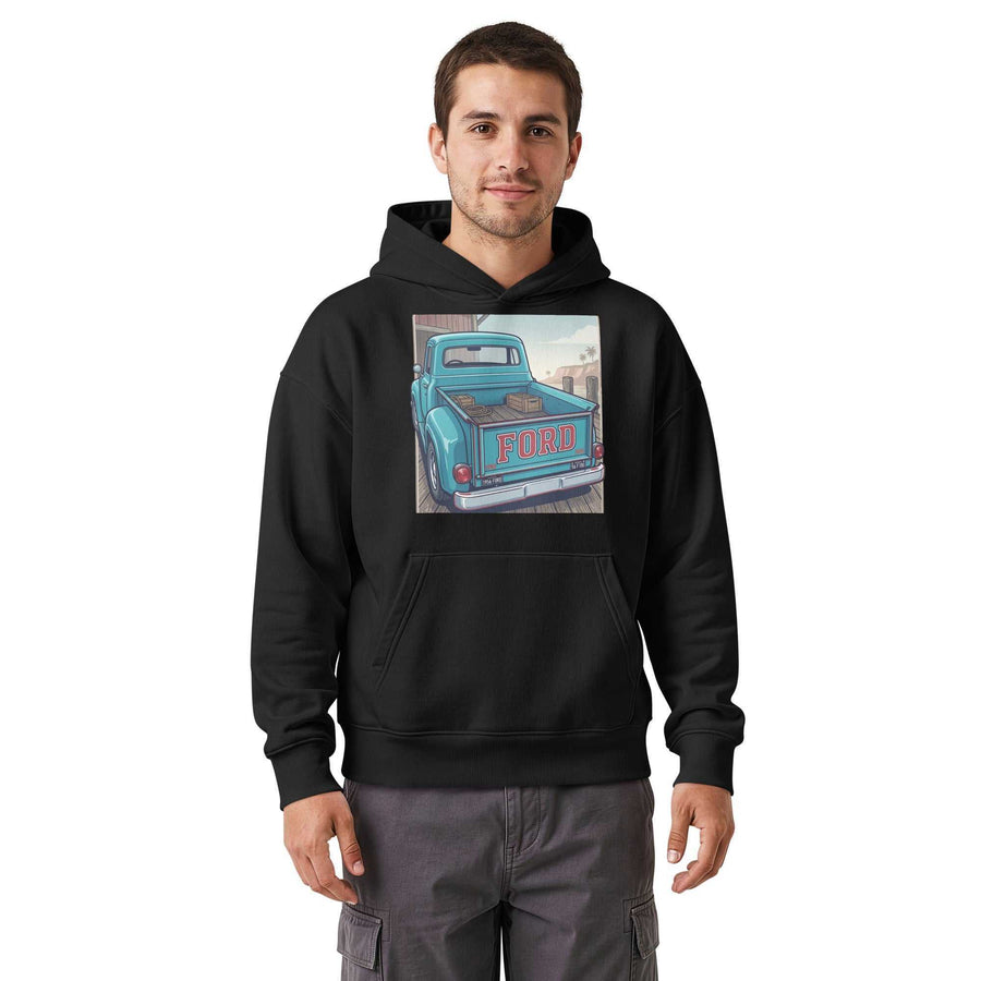 Ford Truck 1956 unisex hoodie in black with a colorful vintage blue Ford pickup truck graphic on the chest