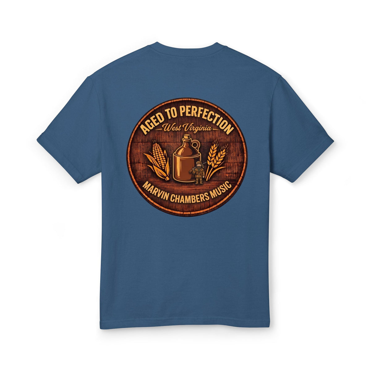 Garment-dyed heavyweight cotton tee - aged to perfection in muted blue cotton with a round orange and brown vintage-style back graphic