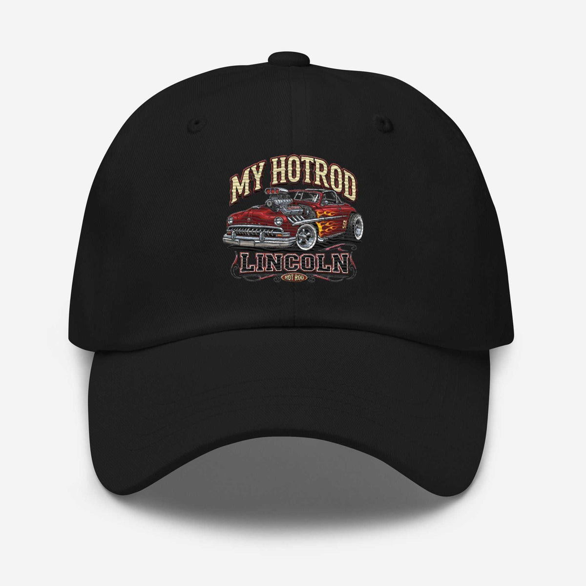 Hot Rod Lincoln - Dad Hat in black cotton twill with a low-profile crown, curved brim and embroidered vintage car graphic