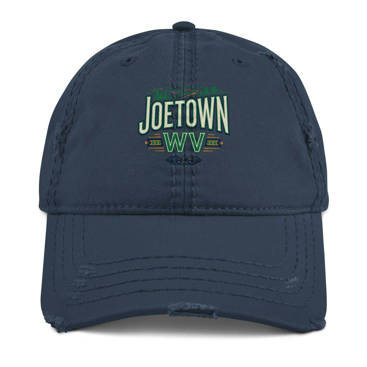 Joetown WV dad hat in navy cotton twill with distressed brim and embroidered green and cream lettering