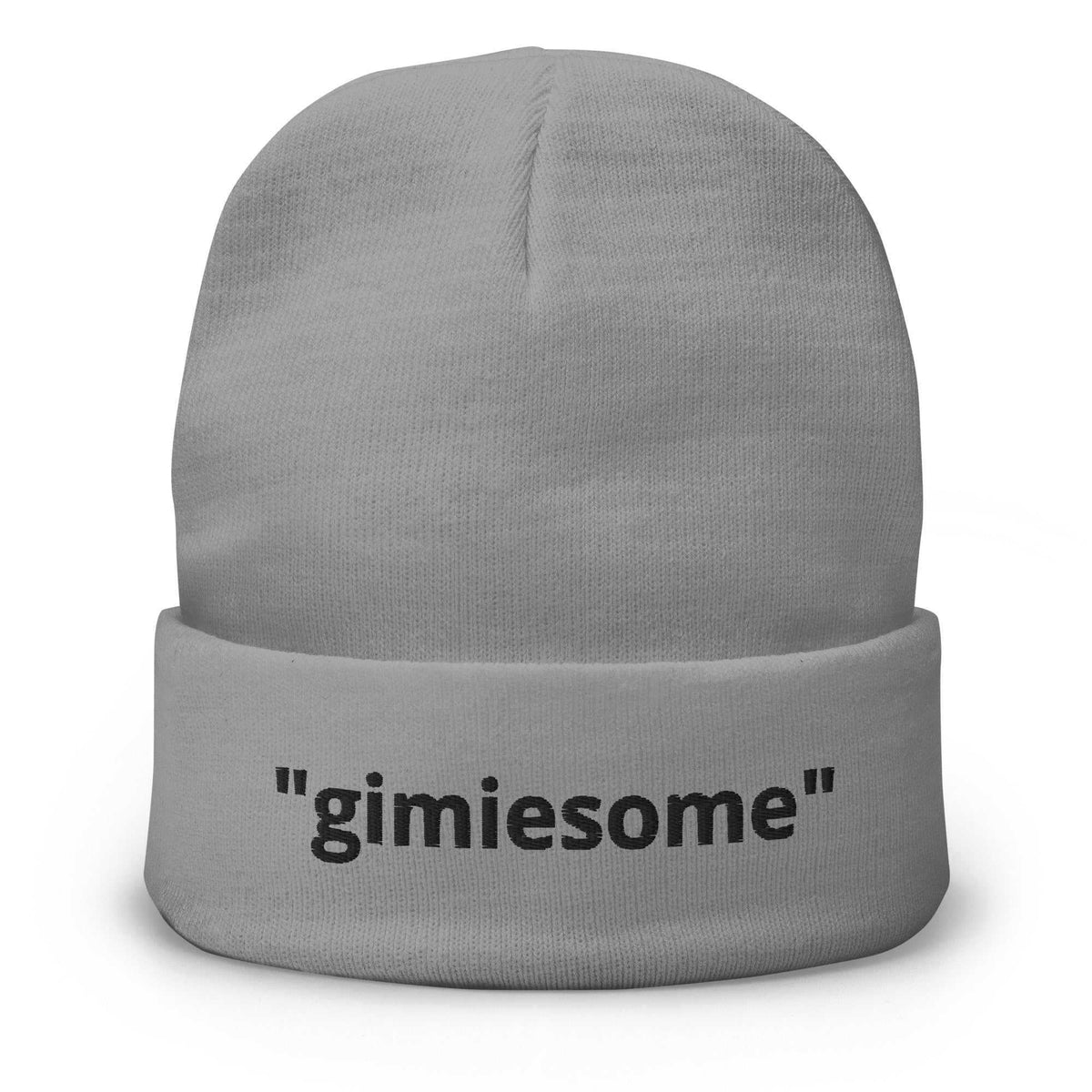 Gimisome - Embroidered Beanie in gray cotton-blend knit, with a folded cuff and dark stitched lettering.