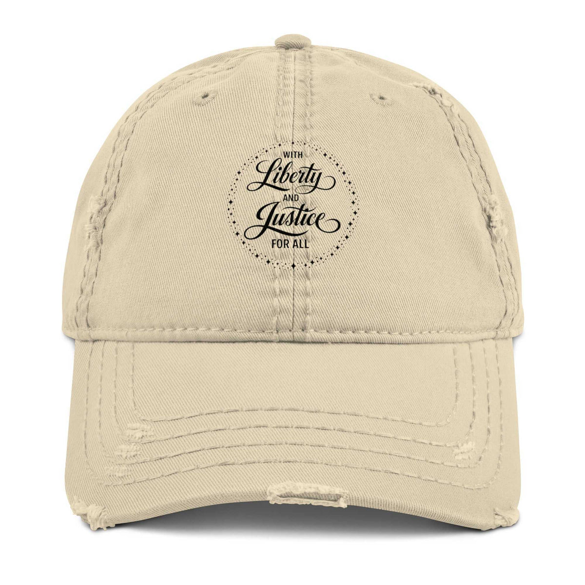 Liberty and Justice distressed dad hat in beige cotton twill, with black script lettering and a frayed brim
