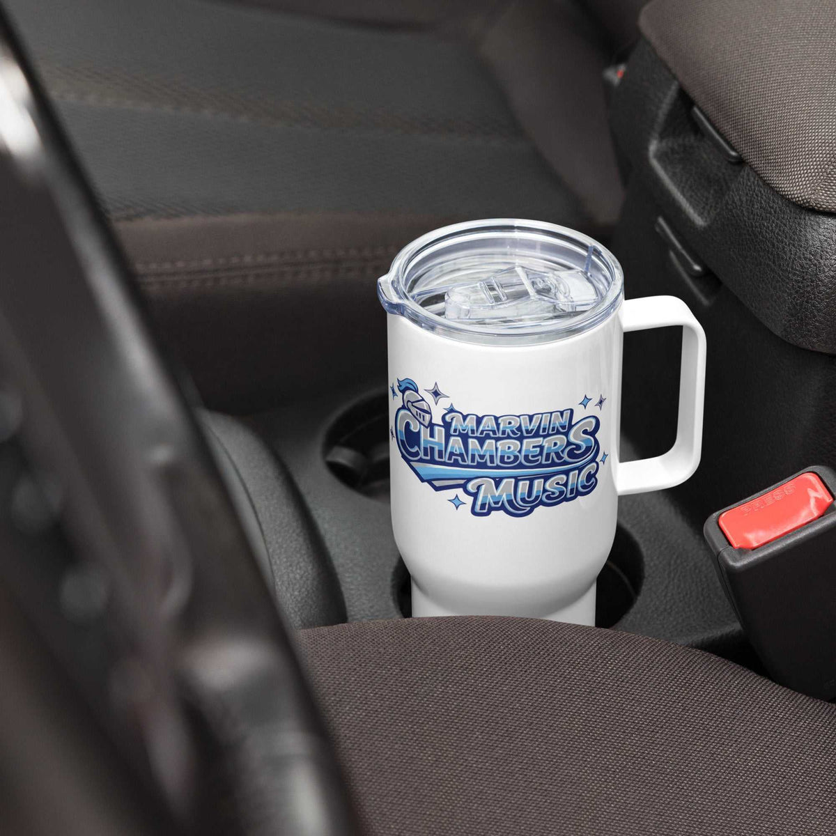 Logo - Travel Mug with a white stainless steel body, clear press-in lid, handle, and blue Marvin Chambers Music logo