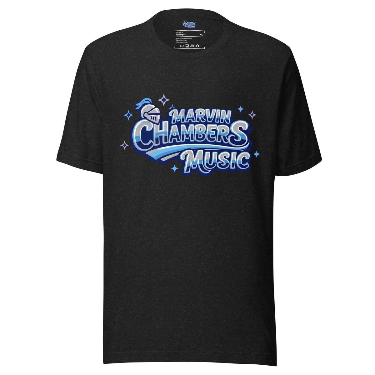 Marvin Chambers Brand Official - Unisex Tee in black with a blue and white music logo graphic across the chest.
