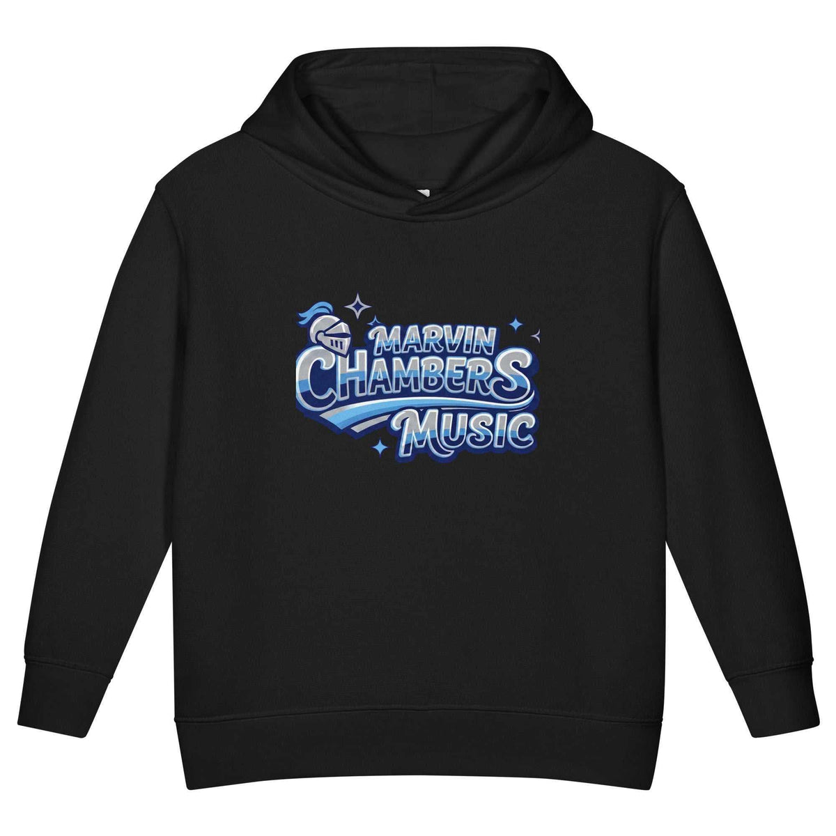 Toddler hoodie in black fleece with a blue and white MCM Logo graphic, long sleeves, and a pullover design