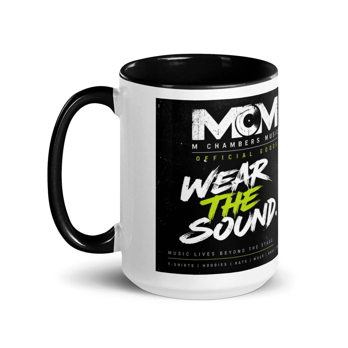 MCM Wear the Sound Logo ceramic mug with white exterior, black interior and handle, featuring a bold black graphic