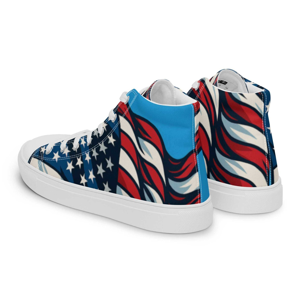 High-top canvas shoes with USA Print stars and red, white, and blue flag stripes, white soles and blue ankle panels.