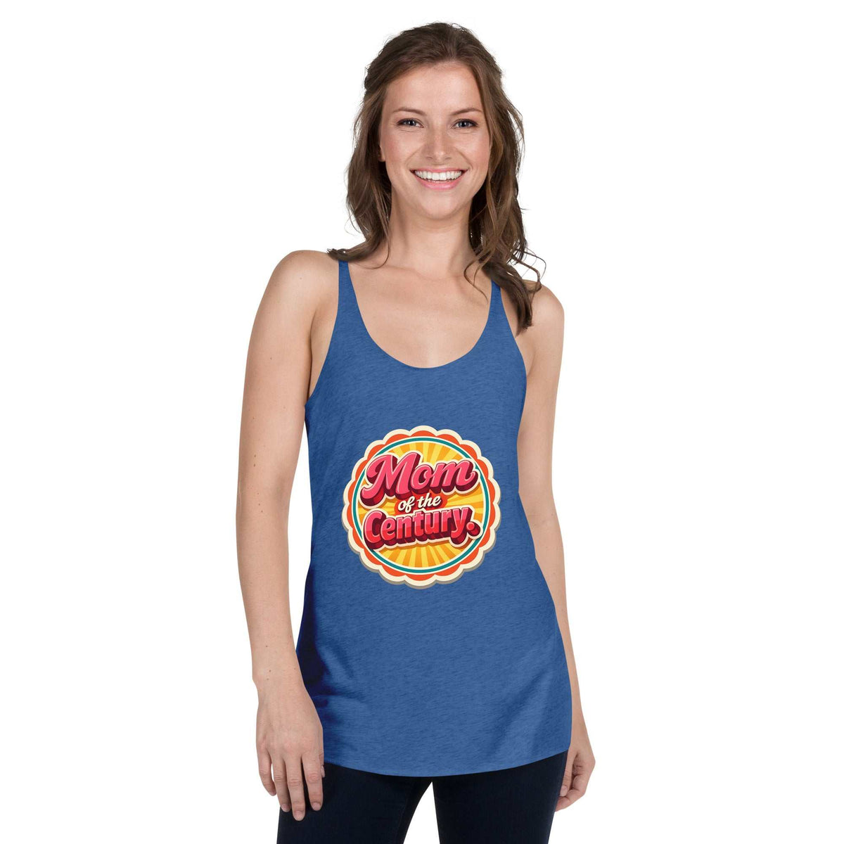 Mom of the Century racerback tank in heather blue, with a colorful retro-style graphic across the front