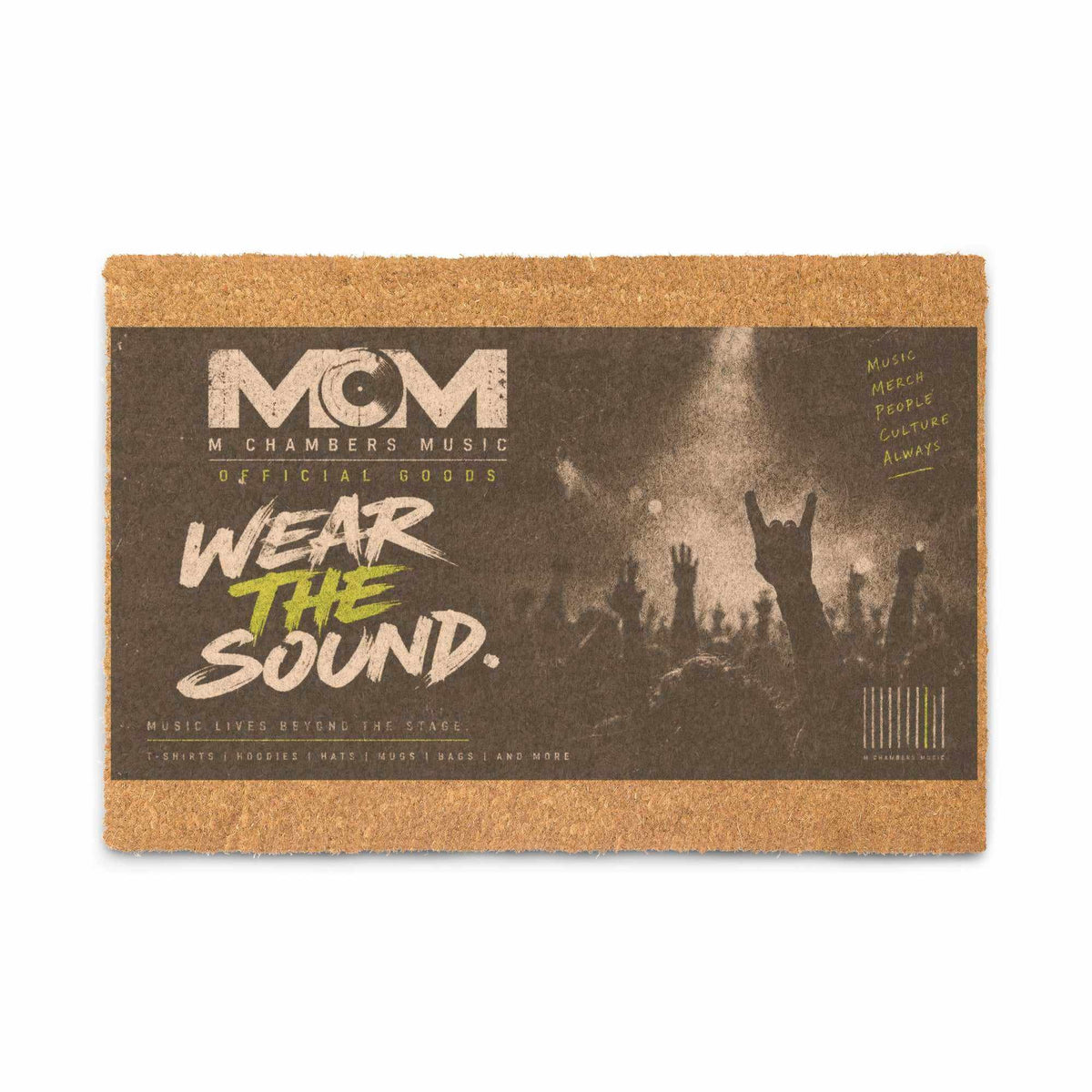 Official MCM coir doormat with a brown coconut-fiber border and dark music-themed graphic featuring bold lettering