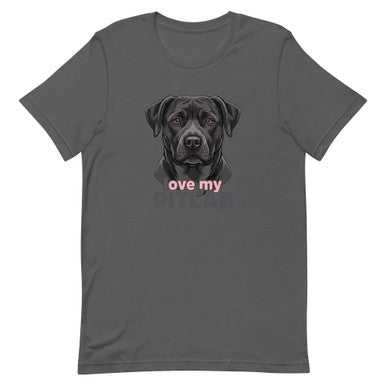 Pit Lab unisex cotton tee in charcoal gray with a black dog portrait and pink lettering across the chest