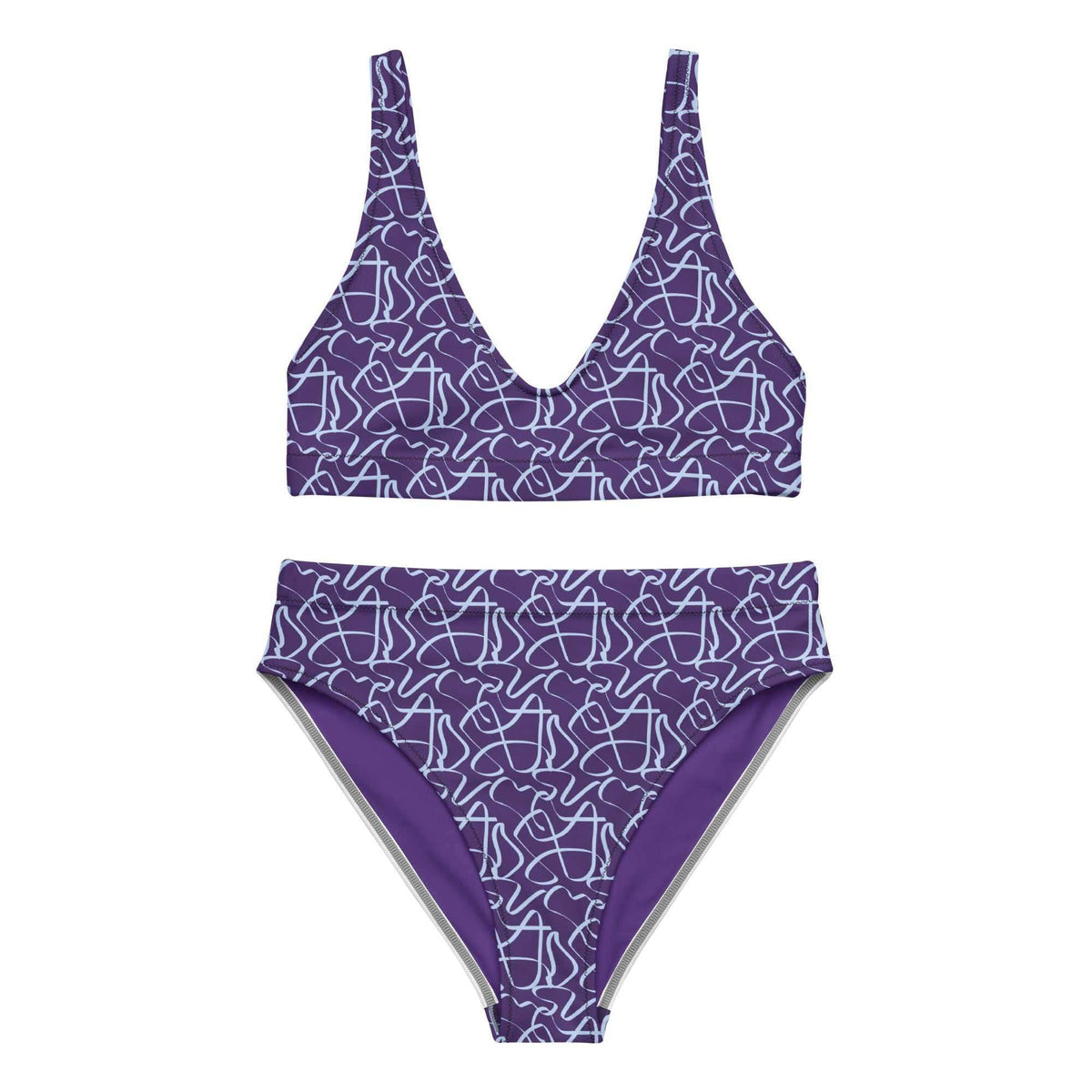 Purple with Accents bikini set in purple fabric with a light abstract line pattern, wide straps and high-waisted bottoms