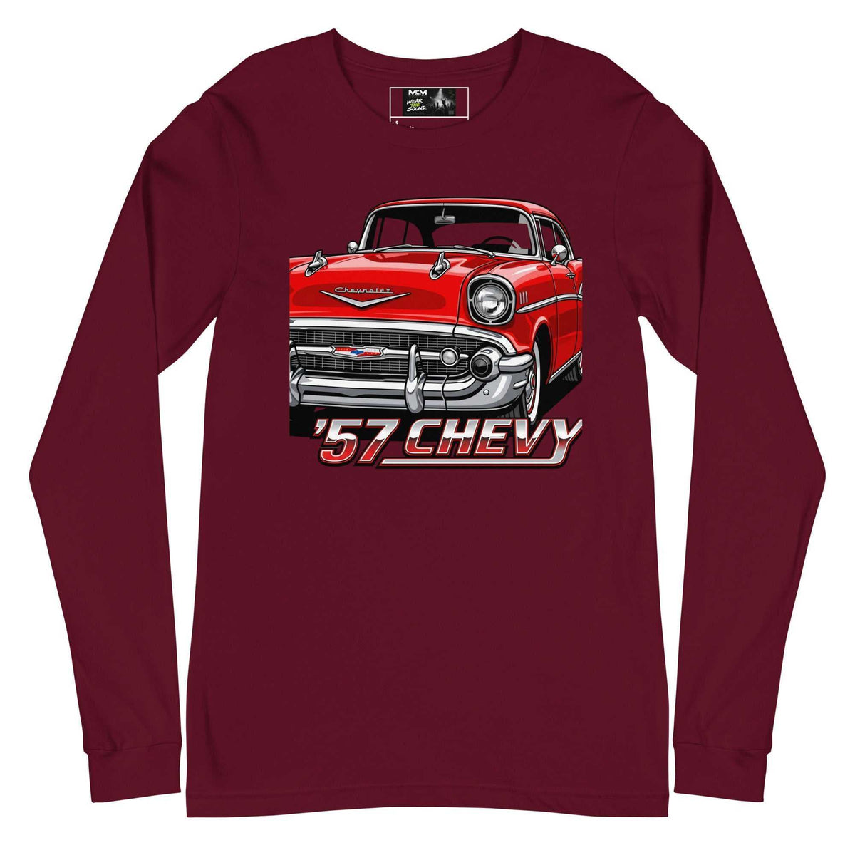 Red 57 - Unisex Long Sleeve Tee in burgundy cotton with a crew neck and bold red classic car graphic