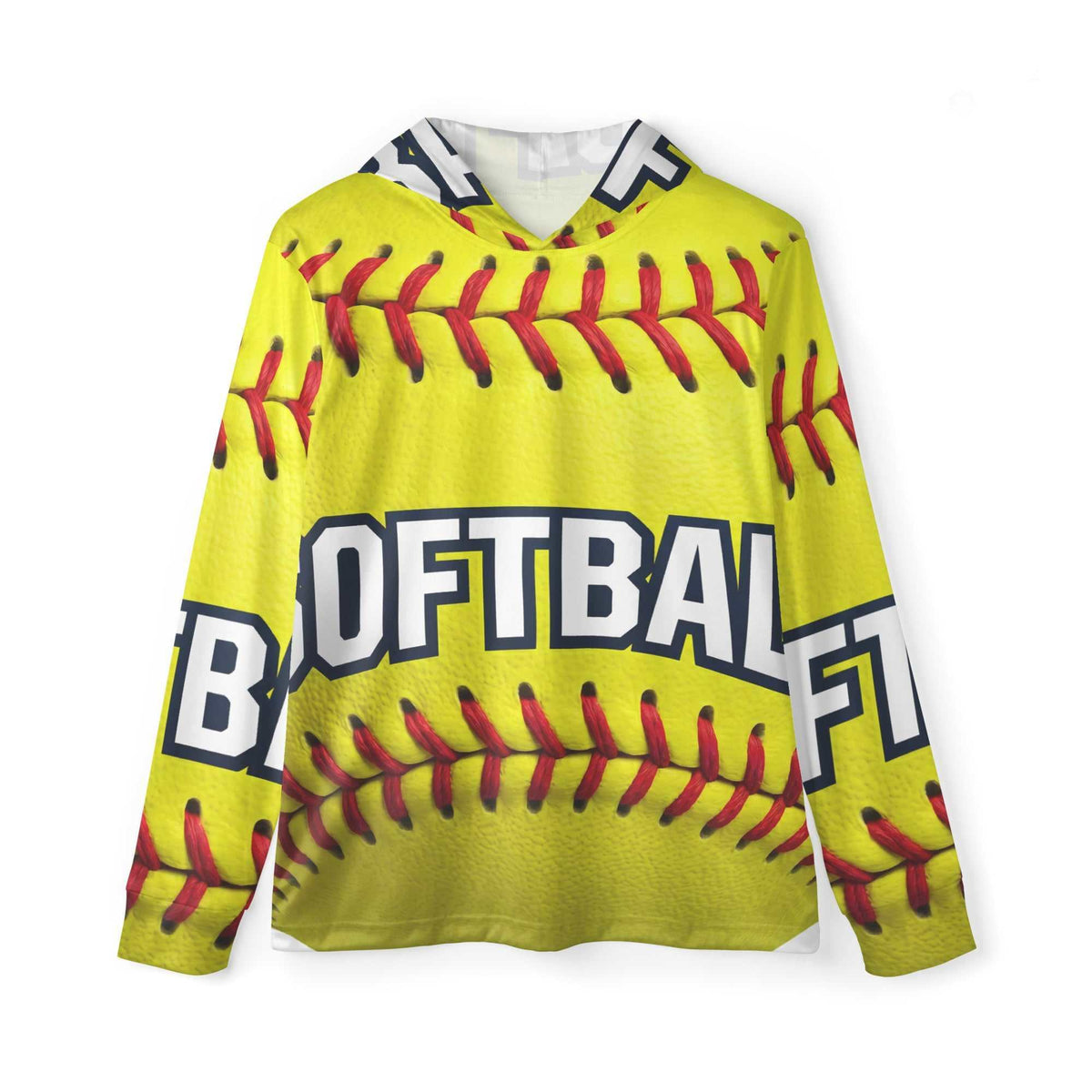 Softball - Sports Warmup Hoodie in bright yellow with red softball seam graphics and bold black-and-white lettering