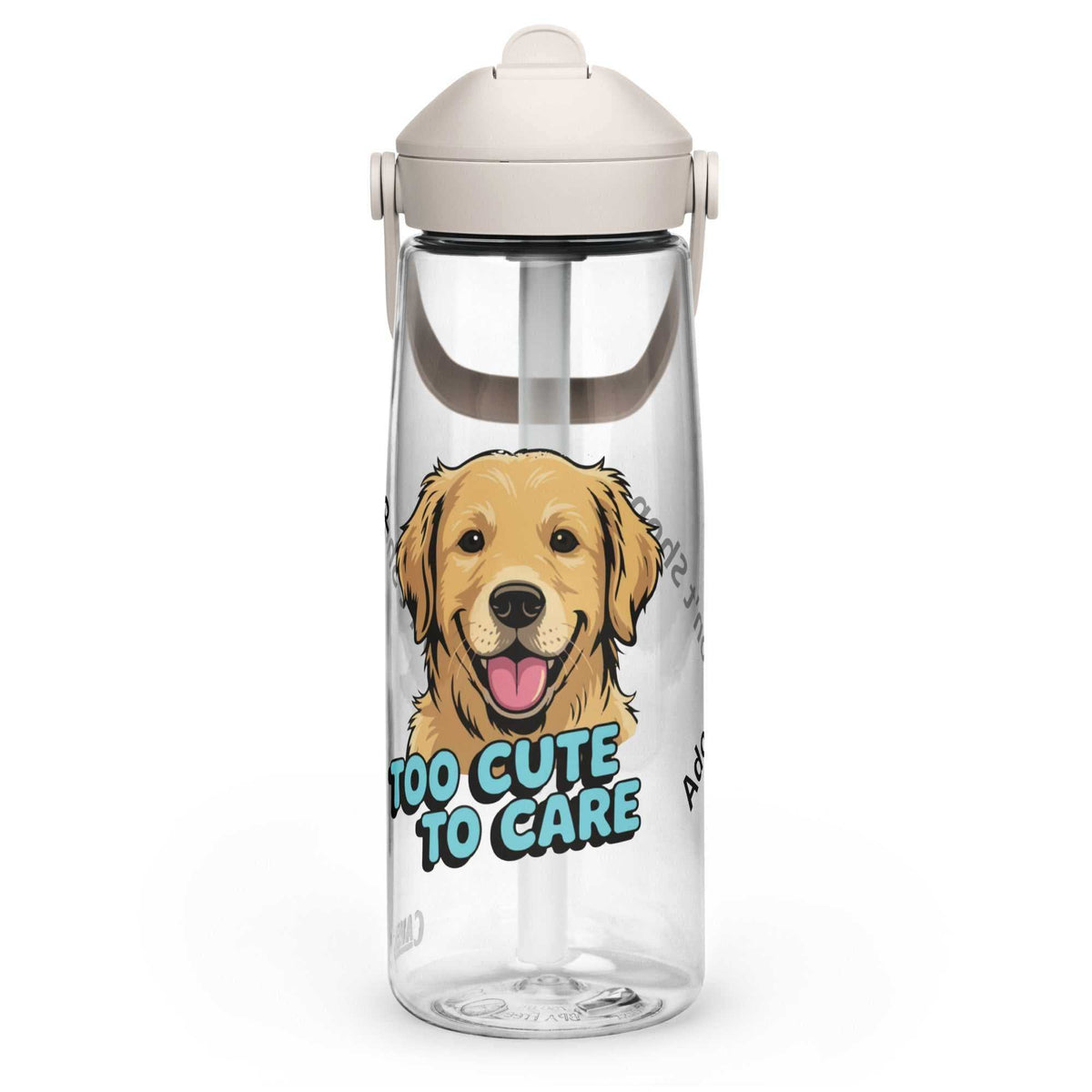Too Cute - Straw Lid Water Bottle, clear plastic with a pale lid and straw, featuring a cartoon dog and blue lettering.