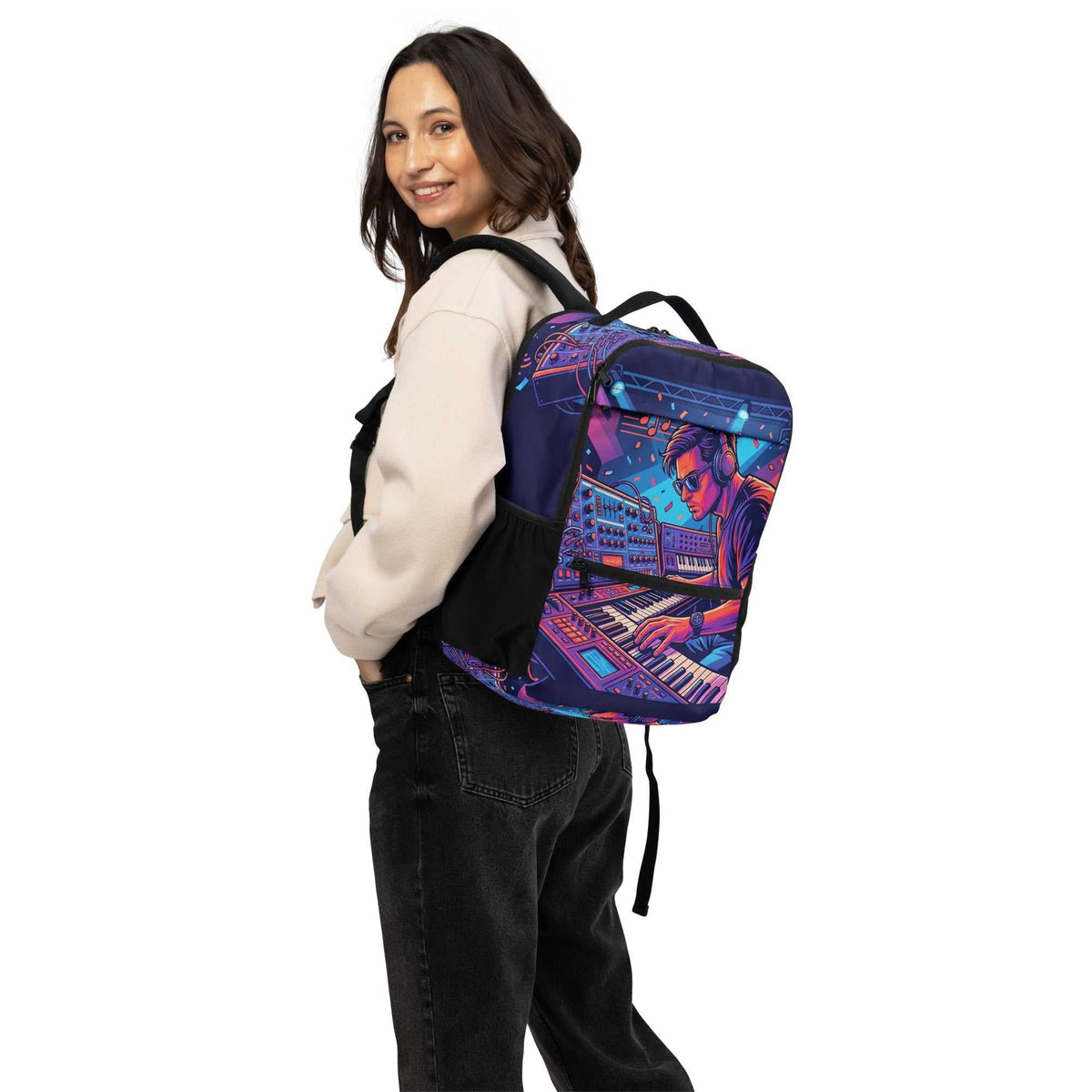 Ultimate backpack with a vivid blue, purple and pink graphic print, rectangular shape, front zip pocket and black straps