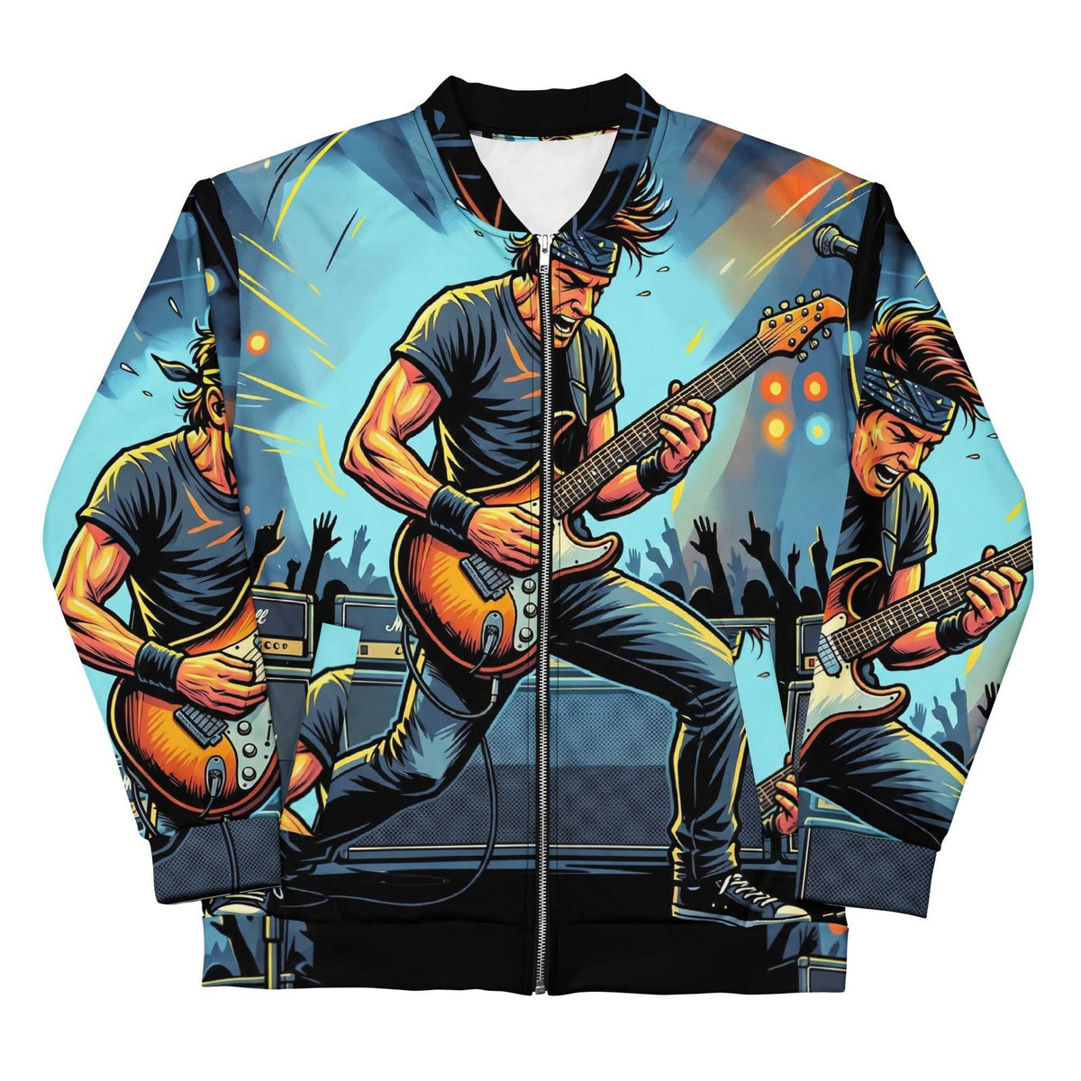 Unisex - Bomber Jacket-Marvin Chambers Music with vivid blue guitarist graphic print, black ribbed cuffs and hem