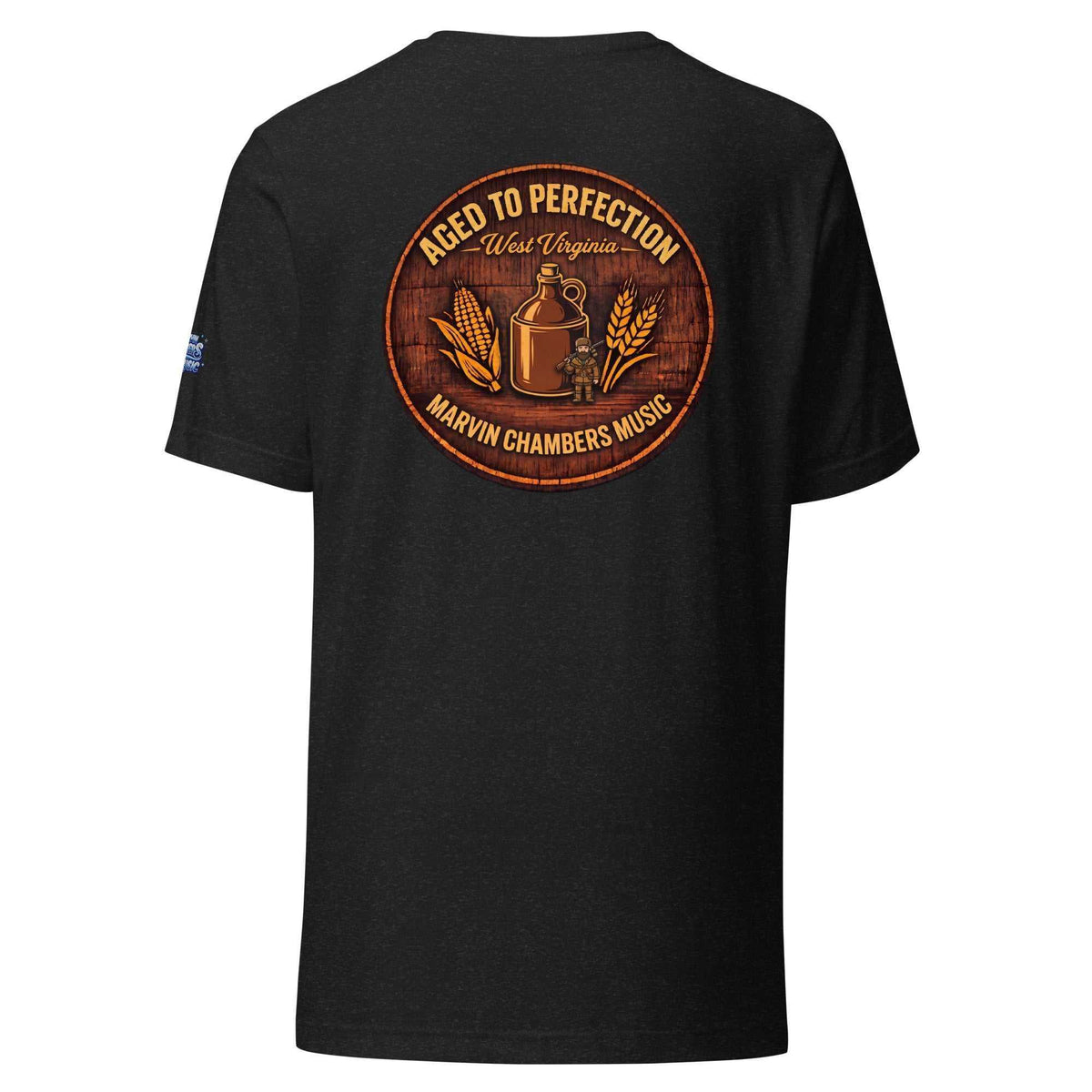 T-shirt in black cotton with an orange vintage barrel, corn and wheat graphic reading “Aged to Perfection” and Marvin Chambers Music.