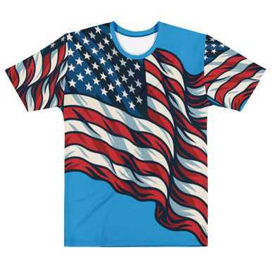 USA - Men's Tee in bright blue with a bold flowing American flag graphic, crew neck and short sleeves