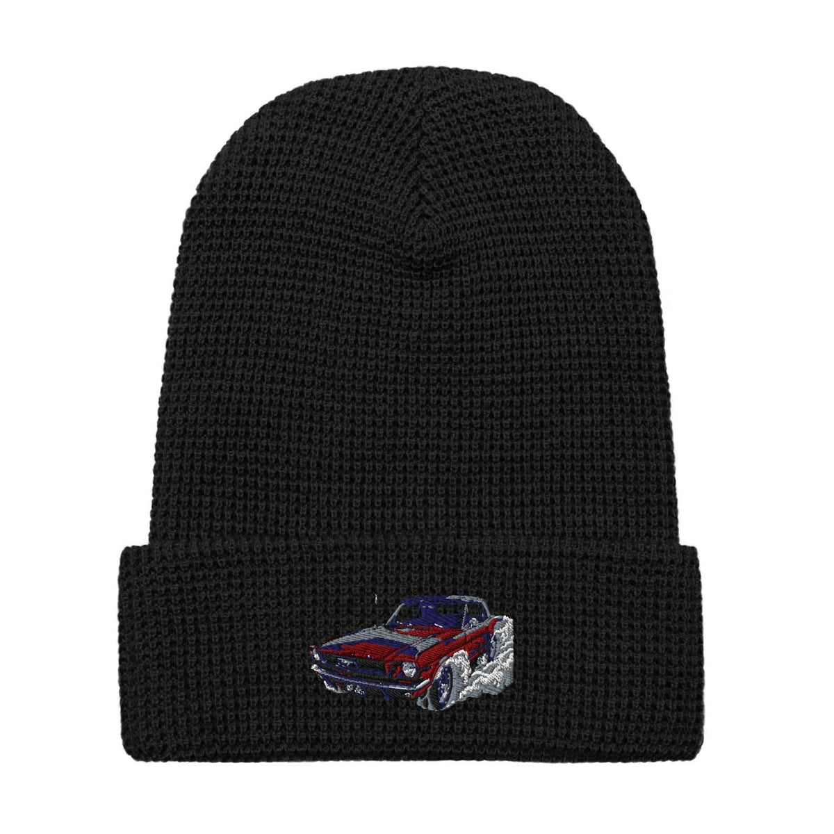Black waffle-knit cuffed beanie with colorful Mustang Embroidered vintage car detail on the front cuff.