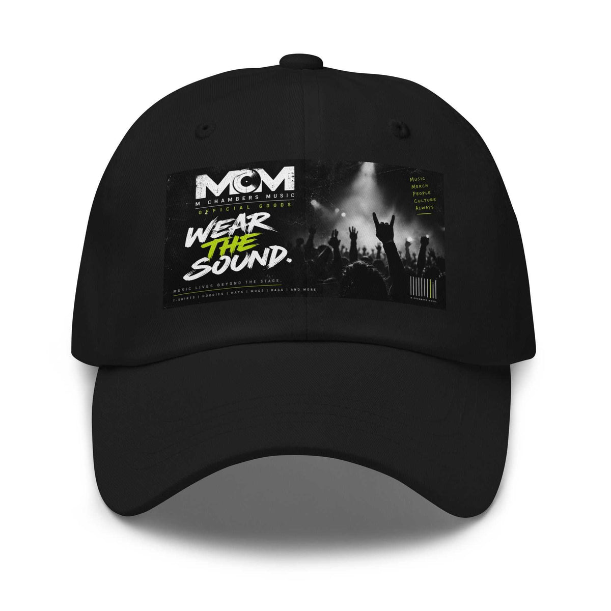 Wear the Sound black cotton dad hat featuring a rectangular music graphic across the front and a curved brim