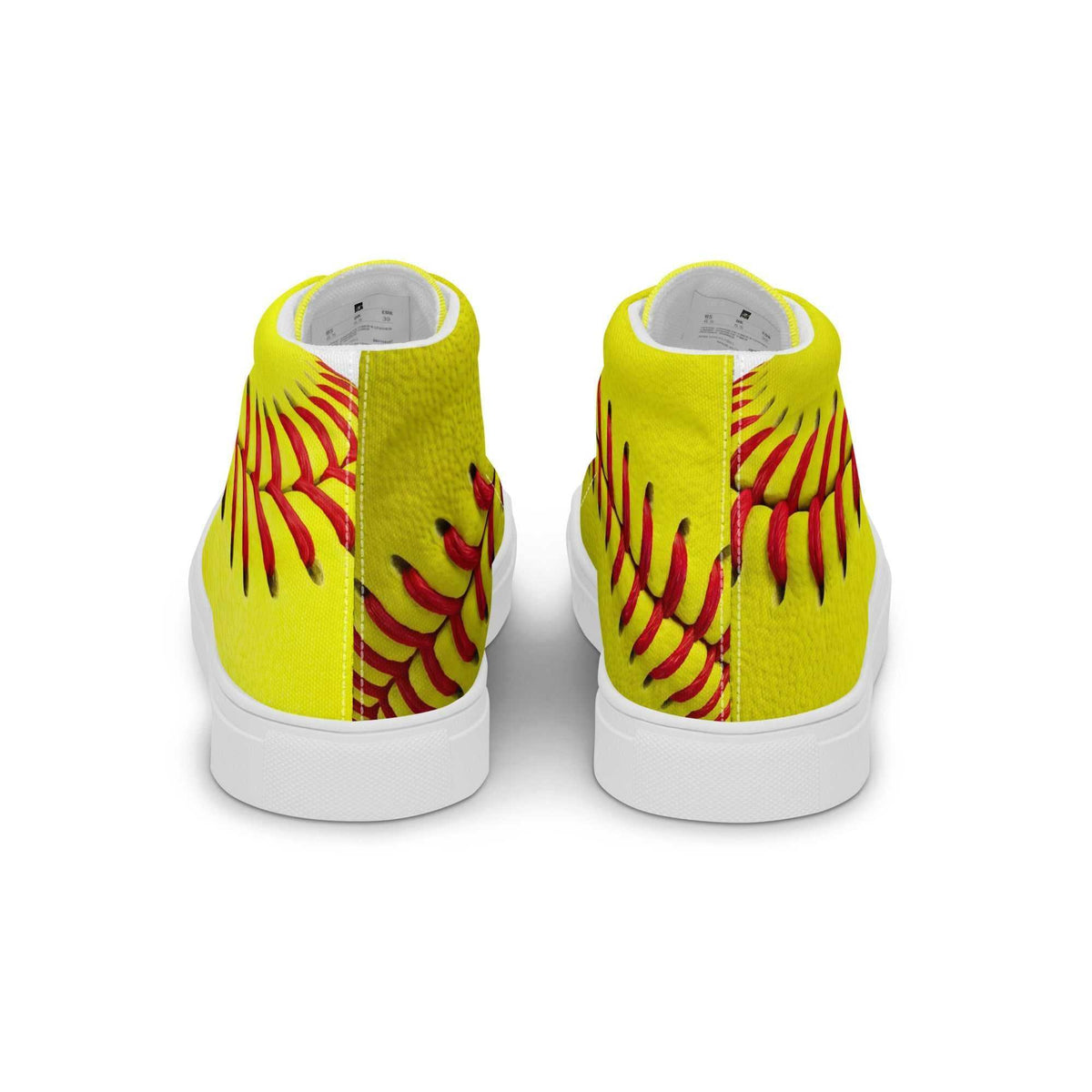 Women’s high top canvas shoes in bright yellow canvas with bold red feather-like patterns and thick white soles.